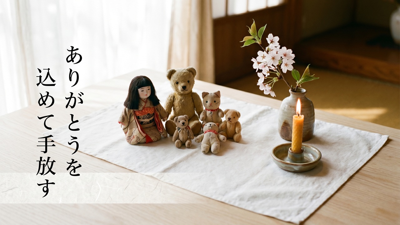 人形供養を表す、白い布の上に並べられた古い日本人形とぬいぐるみ、供えられた花と灯りのある穏やかな和の情景