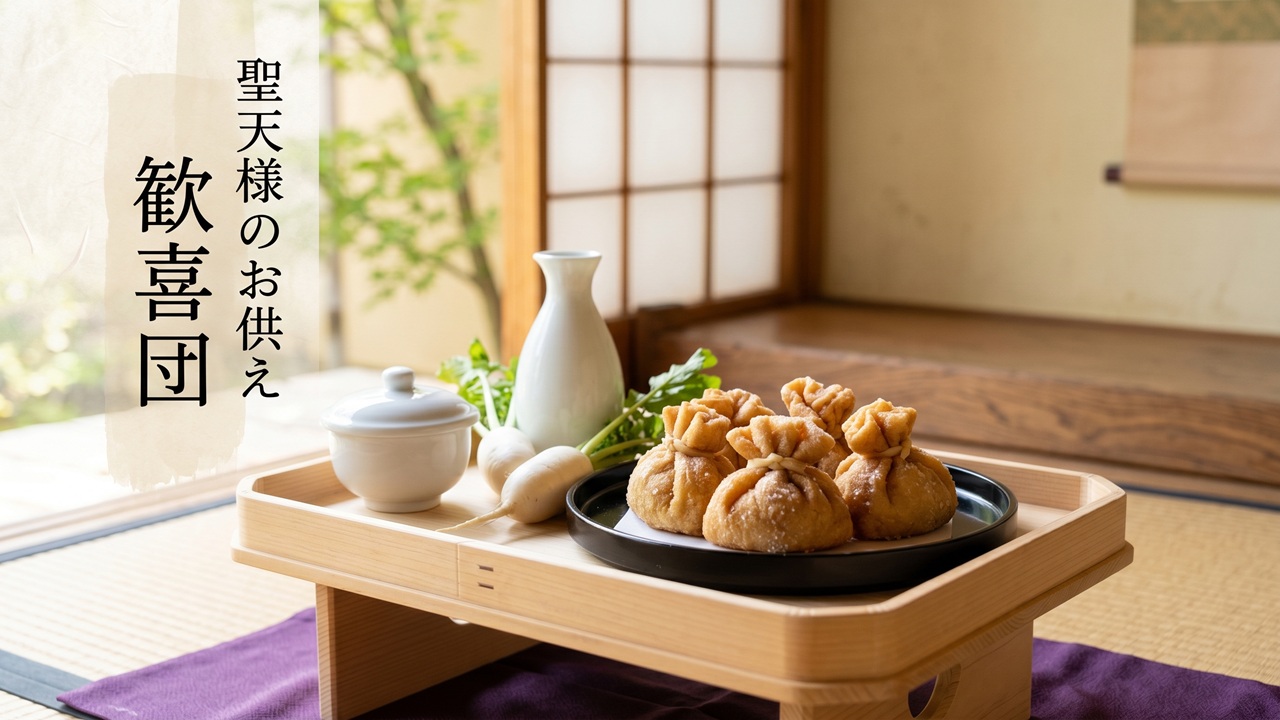 三方に盛られた巾着形の歓喜団と大根・清水・徳利のお供え、聖天様のお供えと歓喜団の和文入りの情景