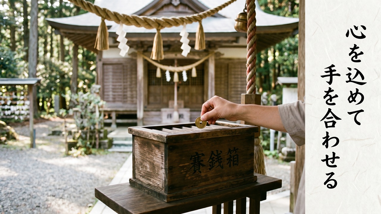お賽銭の意味を表す、神社の拝殿前で木の賽銭箱に五円玉を静かに納める穏やかな和の情景