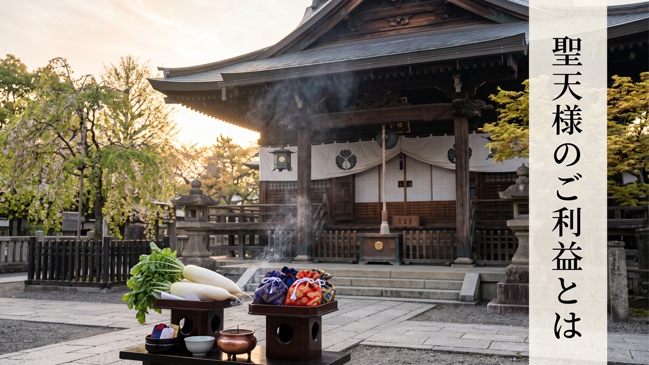 明け方の寺院の本堂前に供えられた大根と巾着——聖天様のご利益を象徴する清らかな情景