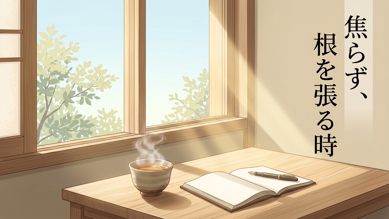 仕事がうまくいかない時期に心を整える、朝日の差し込む静かな書斎の窓辺と一杯のお茶の情景