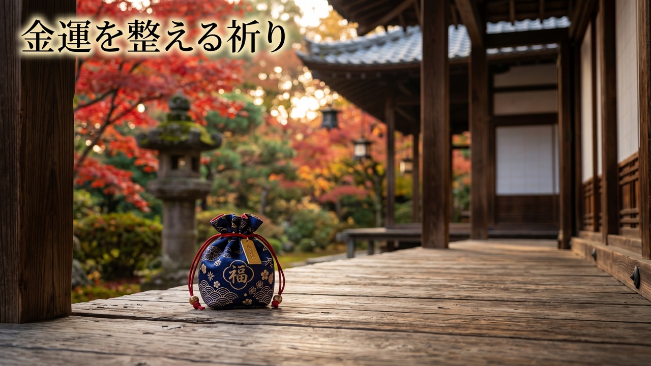 金運を整える祈りをテーマに、朝日が差す寺院の境内に巾着の縁起物が置かれた穏やかな和の情景
