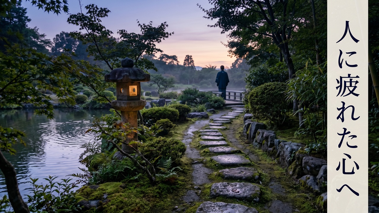 夕暮れの日本庭園の小径と石灯籠を背景に「人に疲れた心へ」と記された、人間関係に疲れた人へ向けた穏やかなサムネイル画像