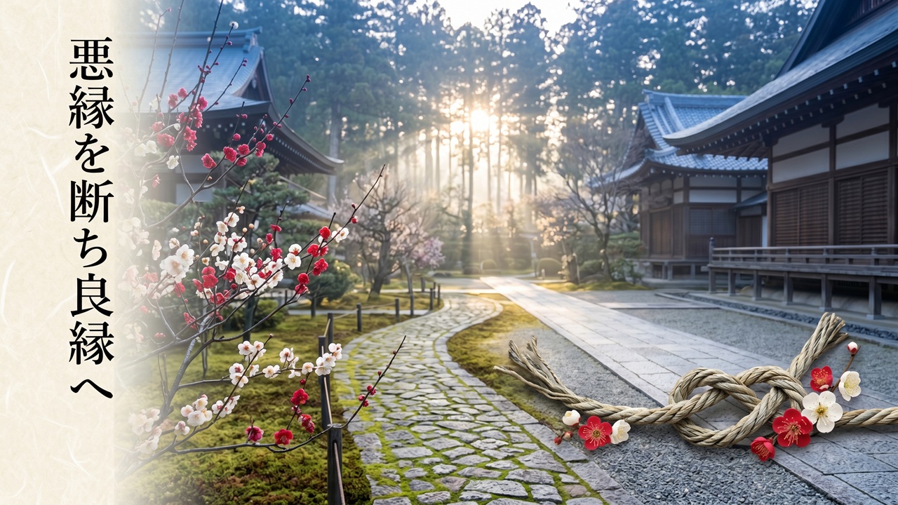 夜明けの寺の境内と一本の小道、紅白の梅が咲き、縁切りの方法を象徴する穏やかな和の情景