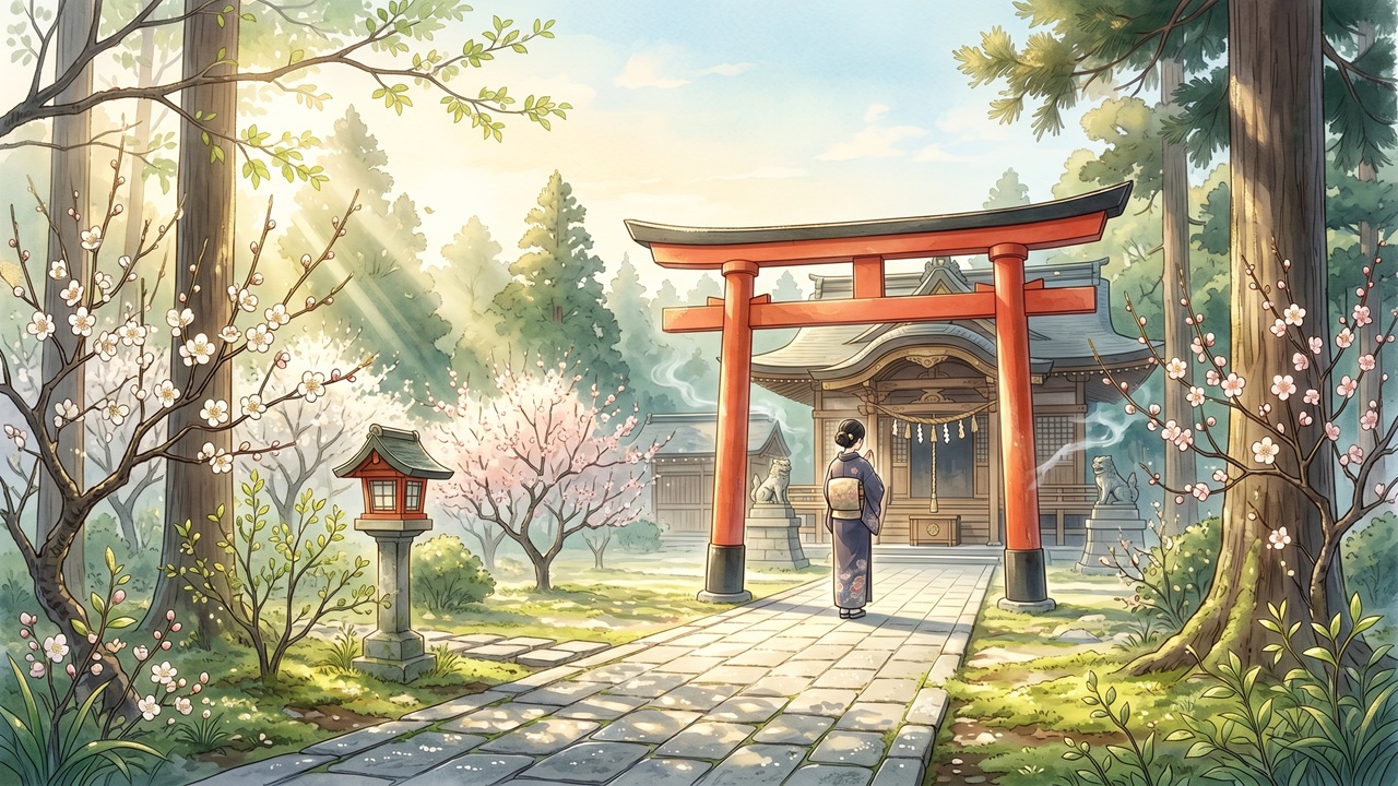 厄年の過ごし方を象徴する、早朝のやわらかな光が差し込む静かな神社の境内と、手を合わせて祈る人の後ろ姿