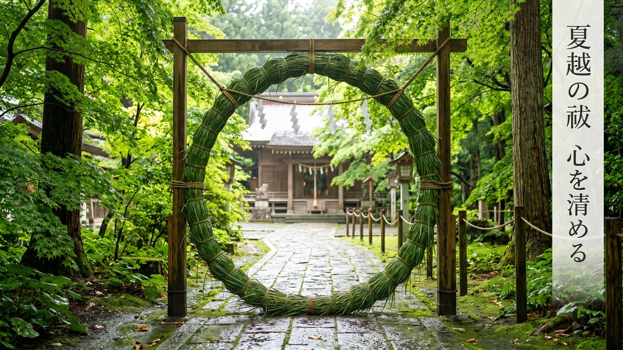 夏越の祓で罪穢れを祓う、神社の境内に立てられた緑の茅の輪と木漏れ日の差す清らかな情景
