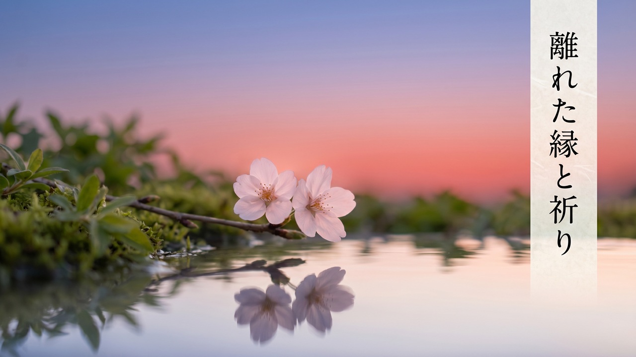 復縁の祈願を象徴する、夕暮れの庭で寄り添うように咲く二輪の花の穏やかな和の情景