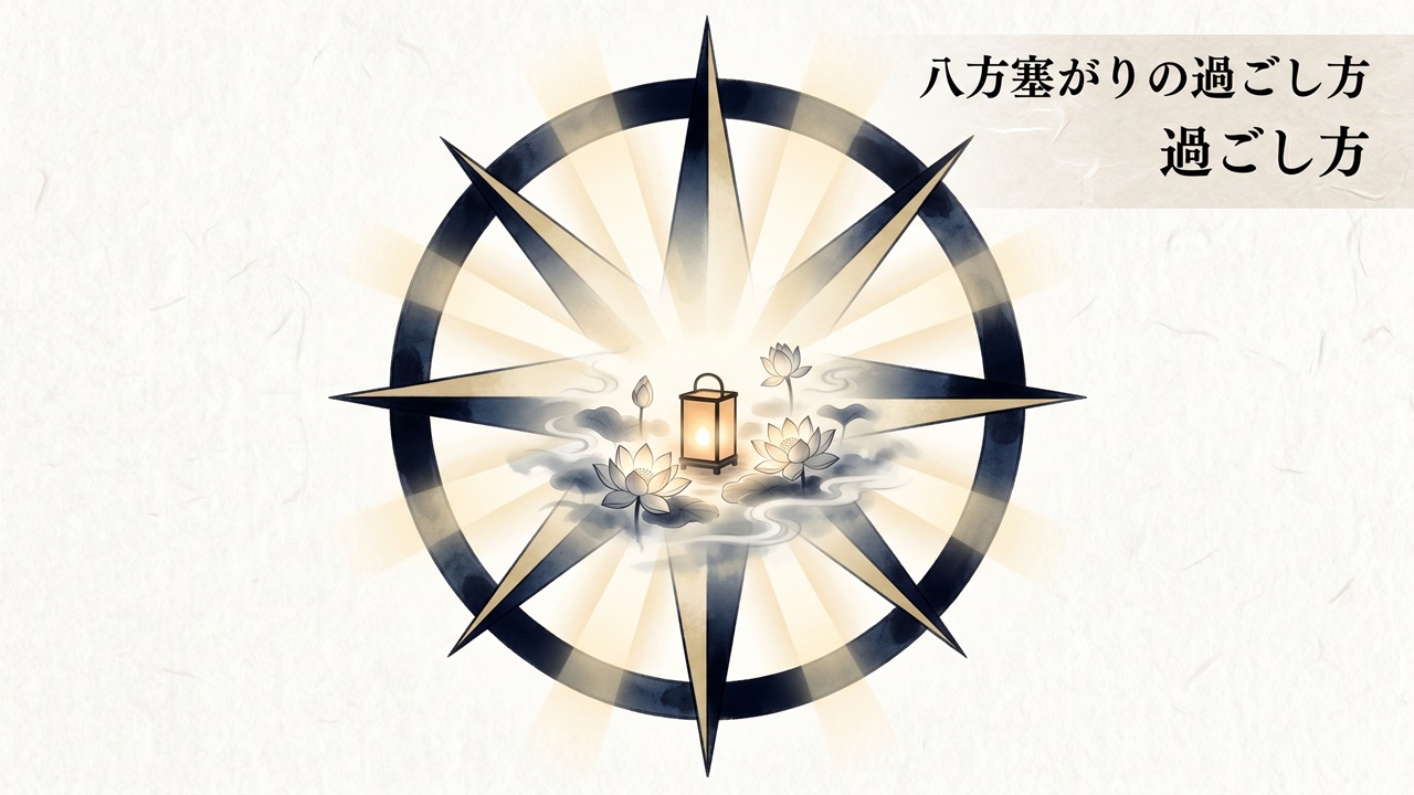 夜明けの光に包まれた方位盤と中央の灯明を描いた、八方塞がりの過ごし方を表す穏やかな和の情景