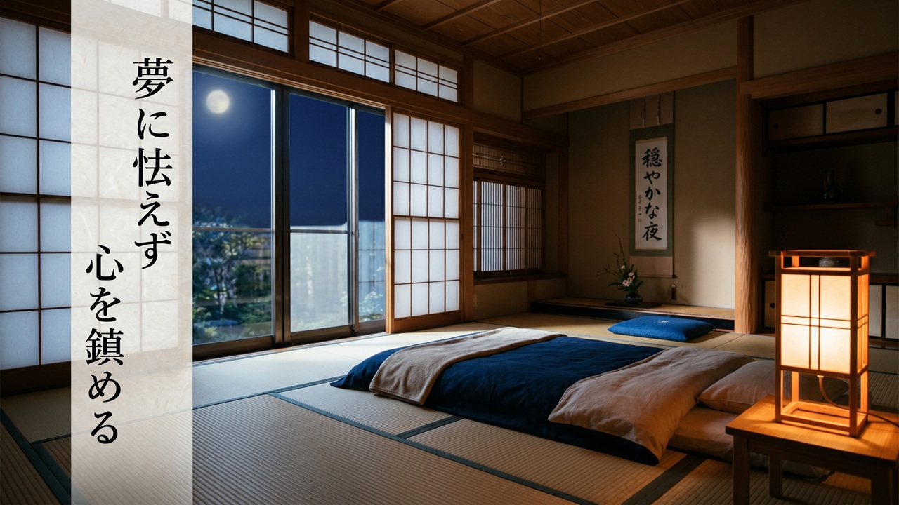 悪夢が続くときの心の鎮め方を表す、月明かりと枕元の灯りに照らされた静かで安らかな夜の和室の情景
