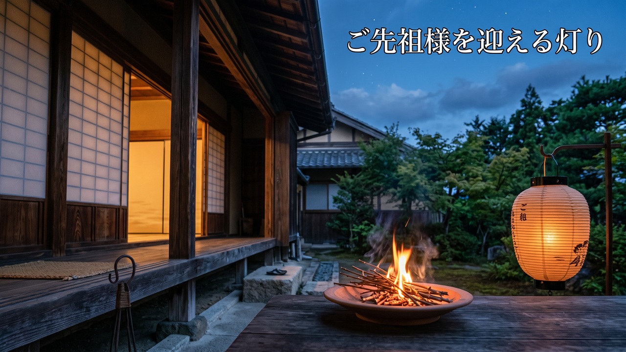 夏の夕暮れ、玄関先で焙烙の上のおがらが燃える迎え火と、傍らに灯る盆提灯の穏やかな情景