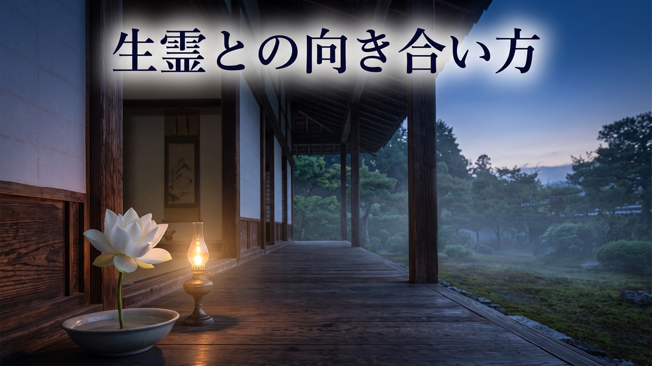夜明け前の寺院の縁側に灯明が灯り、白い蓮が咲く清らかな情景。生霊との向き合い方を表すサムネイル。